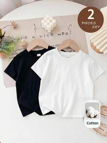SHEIN 女童小女孩黑白百搭圓領套頭上衣 2件組，適合居家與外出穿著 - 黑與白 - 查看 5