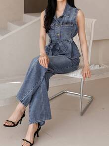 DAZY Damen lässiges Set aus locker sitzender ärmellose Bluse und gerader Jeans, geeignet für Frühling und Sommer - Blau - Übersicht 7