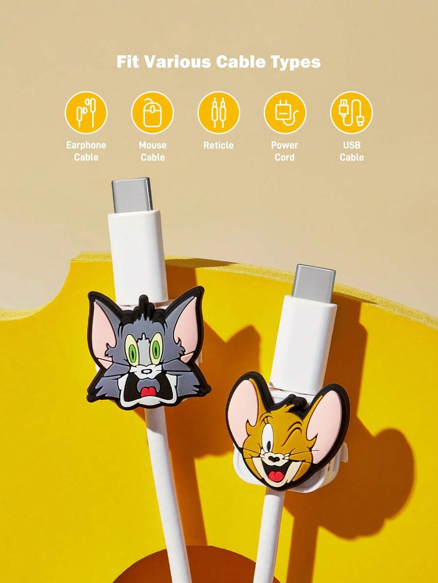 TOM & JERRY X SHEIN 3 Buah Pengatur Kabel Data Magnetik Bentuk Kartun Lucu, Tempat Kabel Pengisi Daya Ponsel Meja, Tempat Kartu, Pengatur Kabel - MultiWarna - View 1