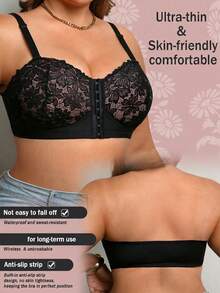 DesireSculpt Sujetador de encaje con cierre frontal inalámbrico y soporte para tallas grandes en color negro - Negro - Ver 6