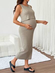 SHEIN 孕婦素色羅紋休閒無袖哺乳洋裝 - 卡其色 - 查看 6