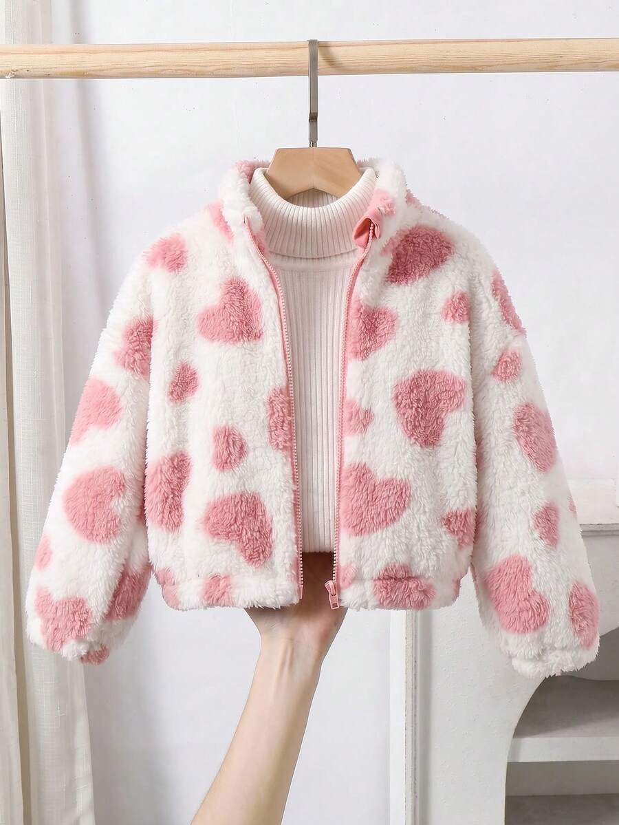 SHEIN 女孩花卉圖案立領長袖保暖舒適上衣,粉色,適合聖誕節、秋冬穿著 - 粉色 - 查看 1