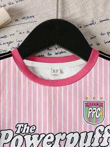 THE POWERPUFF GIRLS X SHEIN 年轻女孩夏季条纹花朵、泡泡、毛茛图案圆领短袖 T 恤 - 白色 - 查看 3