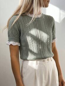 Sprig & Strand Women's Spring/Summer Round Neck Lace Trim Patchwork Design Elegant French Sweet Date Office Brunch Fitted Knit Pullover Top Sage Green - Green - View 7
