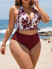 Swim Lushoire Plus Size Women's Summer Beach Halter Neck Tie Sexy Bikini And Triangle Bottom Two-Piece Swimsuit Set - Burgundy - View 1