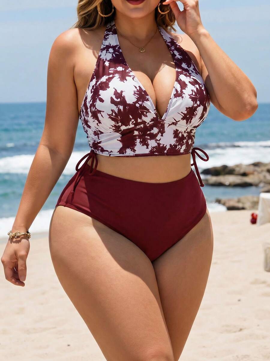 Swim Lushoire Plus Size Women's Summer Beach Halter Neck Tie Sexy Bikini And Triangle Bottom Two-Piece Swimsuit Set - Burgundy - View 1