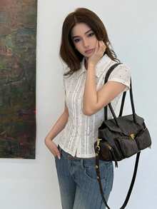 DAZY 純色翻領修身短袖白色女款襯衫 夏季 - 白色 - 查看 4