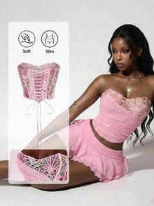 Amplova Top corto de malla con estampado floral sin mangas con cordones para mujer, ideal para vacaciones de primavera - Rosa - Ver 2