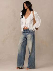 SHEIN BAE Women's Solid Color Ruffle Front Tie Contrast Lace Fashion Shirt - White - View 4