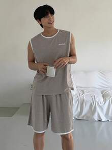 DAZY 男士字母印花灰色背心短裤睡衣套装，夏季 - 灰色 - 查看 5
