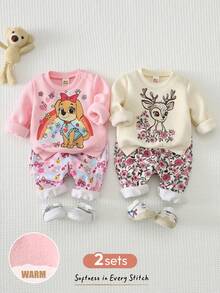 Cozy Pixies Conjunto de 2 piezas para bebé niña recién nacida con top de punto suave de manga larga, cuello redondo, estampado de animales de dibujos animados, cintura elástica y pantalones largos de invierno - Rosa - Ver 10
