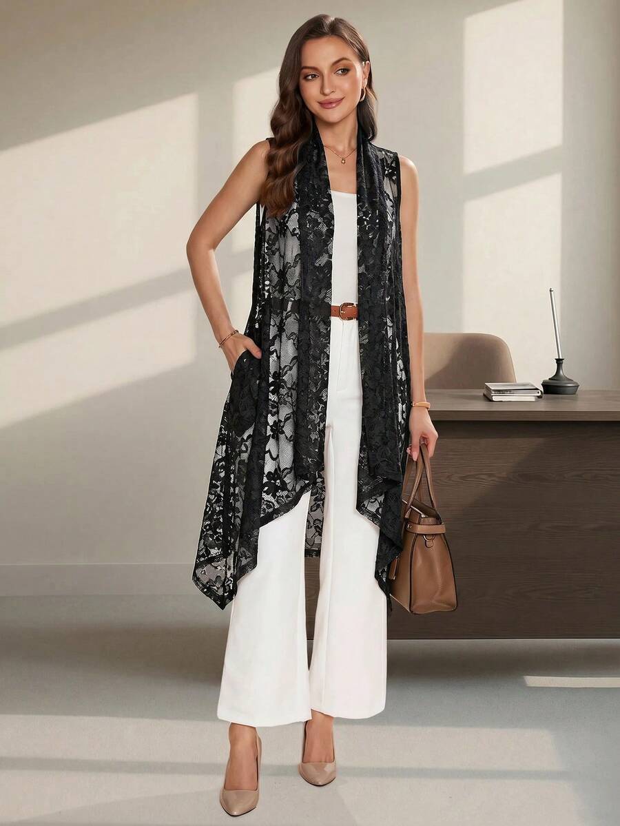 Editum Women's Elegant Asymmetrical Hem Lace Fashion Jacket - Black - View 1