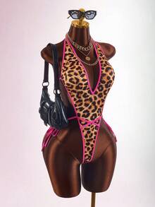 Amplova Sexy Bandage Vacation Colorblock Pink Leopard Print Deep V-Neck Sleeveless Tie Strap Women's Mini Bodysuit Night Out Party Summer - Khaki - View 4