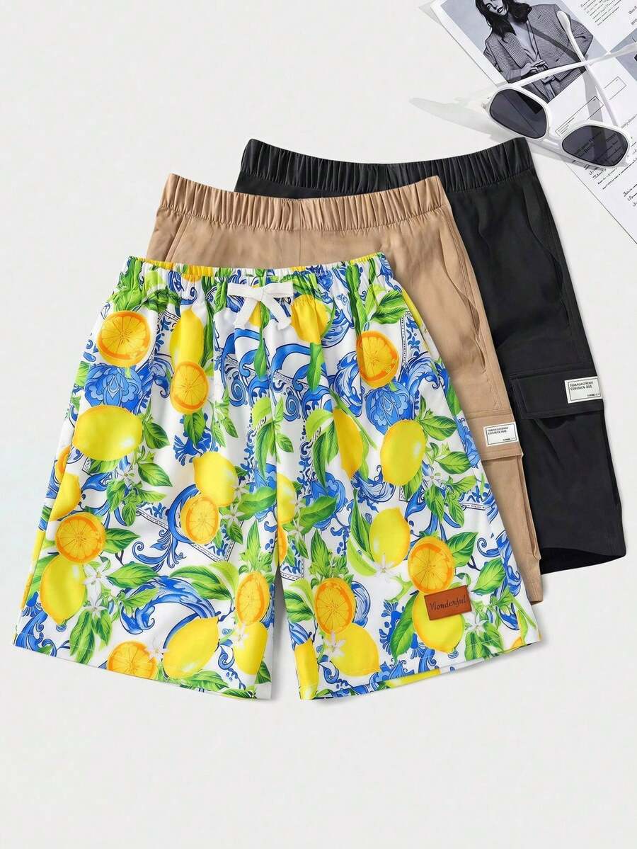SHEIN 兒童青少年男孩夏季休閒海灘度假可愛檸檬印花鬆緊腰短褲，夏季短褲，男孩套裝兒童套裝，適用於春夏季節、情人節、約會、夏季穿搭、海灘週末、家庭聚會、開學季、婚禮季、運動、生日派對