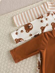 SHEIN Newborn Baby 3 Pieces Set Cute Striped Bear Print Crewneck Long Sleeve Zipper Jumpsuit Fall/Winter - Multicolor - View 8