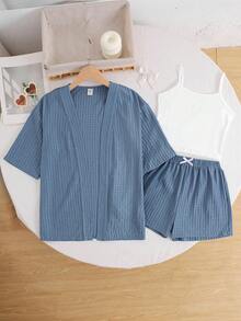 SHEIN 青少年女孩夏季休閒度假紋理皺褶面料上衣與短褲套裝 - 藍色 - 查看 2
