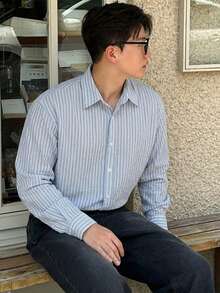 DAZY 男士長袖條紋通勤襯衫 - 藍色 - 查看 7