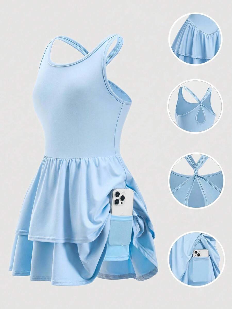 SHEIN 少女休闲运动纯色交叉露背无袖运动连衣裙 - 淺藍色 - 查看 1