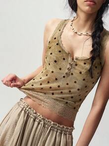 Bohemela Spring Summer Vacation Knit Mesh Contrast Lace Women's Tank Top - Green - View 1