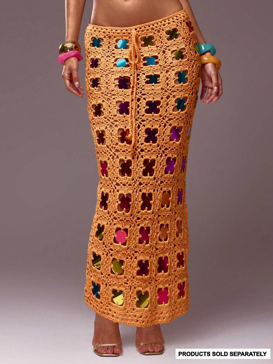 MUSERA Gehäkelter Strick-Maxirock mit Neckholder und Pailletten, nur für Frühling/Sommer, Urlaub, Ferien, Ibiza, Festival, leuchtend - Verschiedenfarbig - Übersicht 1
