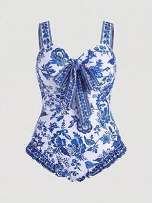 Sweetra CURVE Baju Renang Terusan Wanita Ukuran Besar Motif Bunga dengan Simpul di Depan, Model Camisole untuk Liburan Pantai Musim Panas - Blue and White - View 1