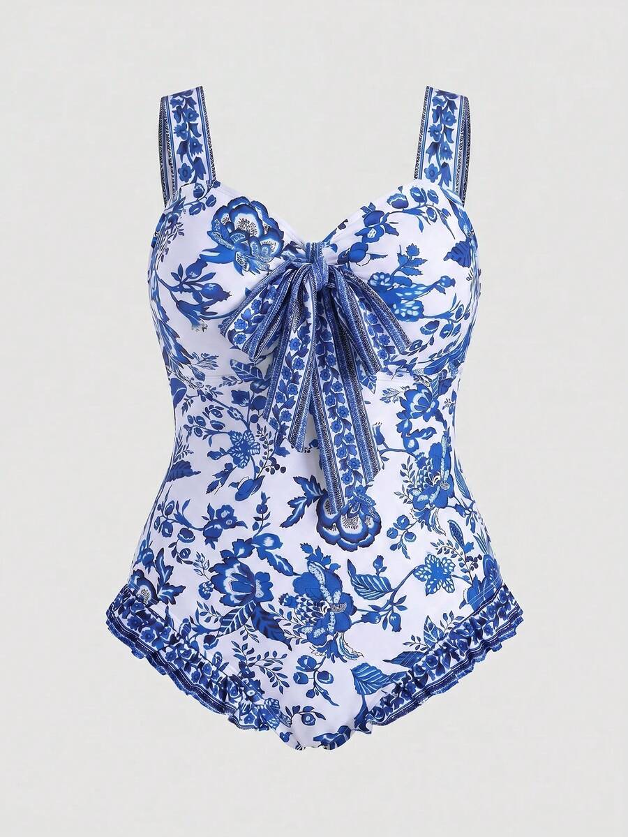 Sweetra CURVE Baju Renang Terusan Wanita Ukuran Besar Motif Bunga dengan Simpul di Depan, Model Camisole untuk Liburan Pantai Musim Panas - Blue and White - View 1