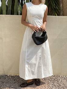 DAZY Elegant Casual Modest Basic Vacation Style Midi Dress For Women, Spring Summer White Sundress - Apricot - View 6
