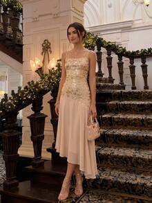 Enchnt Premium Summer Romantic Sexy Women's Elegant Beige Sequin Patchwork Spaghetti Strap Dress, Vacation Dress, Prom Dinner Date Luxury Evening Wedding - Apricot - View 7
