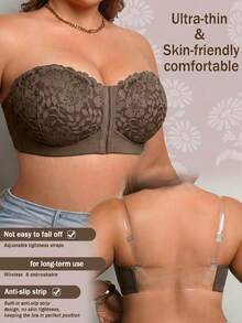 DesireSculpt Plus Size Wireless Lace Front Closure Bra, Sexy Lift And Gather, Invisible Back Bra, 1pc - Mocha Brown - View 6