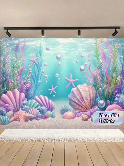 1件裝美人魚海景背景布－粉色貝殼海星海螺水下派對橫幅，易掛易清潔，拍照牆桌布裝飾