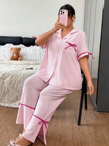 Napfluff CURVE Napfluff CURVE 直條紋翻領開襟衫套裝，甜美蝴蝶結細節短袖大尺碼居家服 - 粉色 - 查看 6
