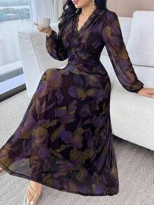 Modelyn 女款花卉印花對比蕾絲長袖優雅洋裝 - 彩色 - 查看 5