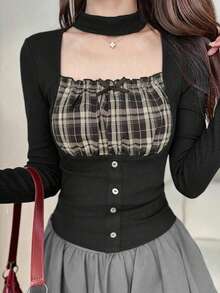 FRIFUL Women's Halter Neck Plaid Fabric Patchwork Puff Short Sleeve Fitted Waist Button Decor Sweet Spicy Style Summer T-Shirt Cute Top - Black - View 2