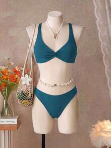 SHEIN Swim 大尺碼女款夏季純色扭結深V領比基尼上衣，極簡柔美性感聚攏設計，可調節肩帶，青色海灘風 - 水鴨藍 - 查看 5