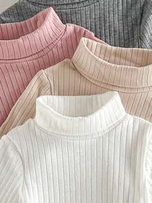 Cozy Pixies Baby Girl Solid Color Knit Soft Round Neck Long Sleeve Ruffle Hem Pullover Autumn Top 4pcs -Piece Set Versatile Comfortable - Multicolor - View 4