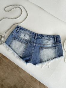 SHEIN 女款牛仔超低腰鉚釘復古超短褲 - 藍色 - 查看 6