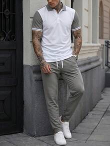 Manfinity CasualCool Men's Minimalist Button Half-Placket Short Sleeve Contrast Color Polo Shirt And Drawstring Waist Pocket Long Pants Set - White - View 5