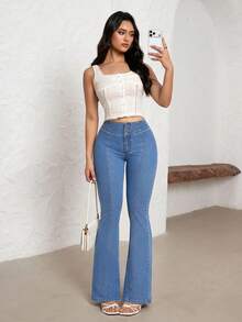 SHEIN MOD Women's Casual Washed Flare Jeans Jeans For Women High Waisted - Blue - View 3