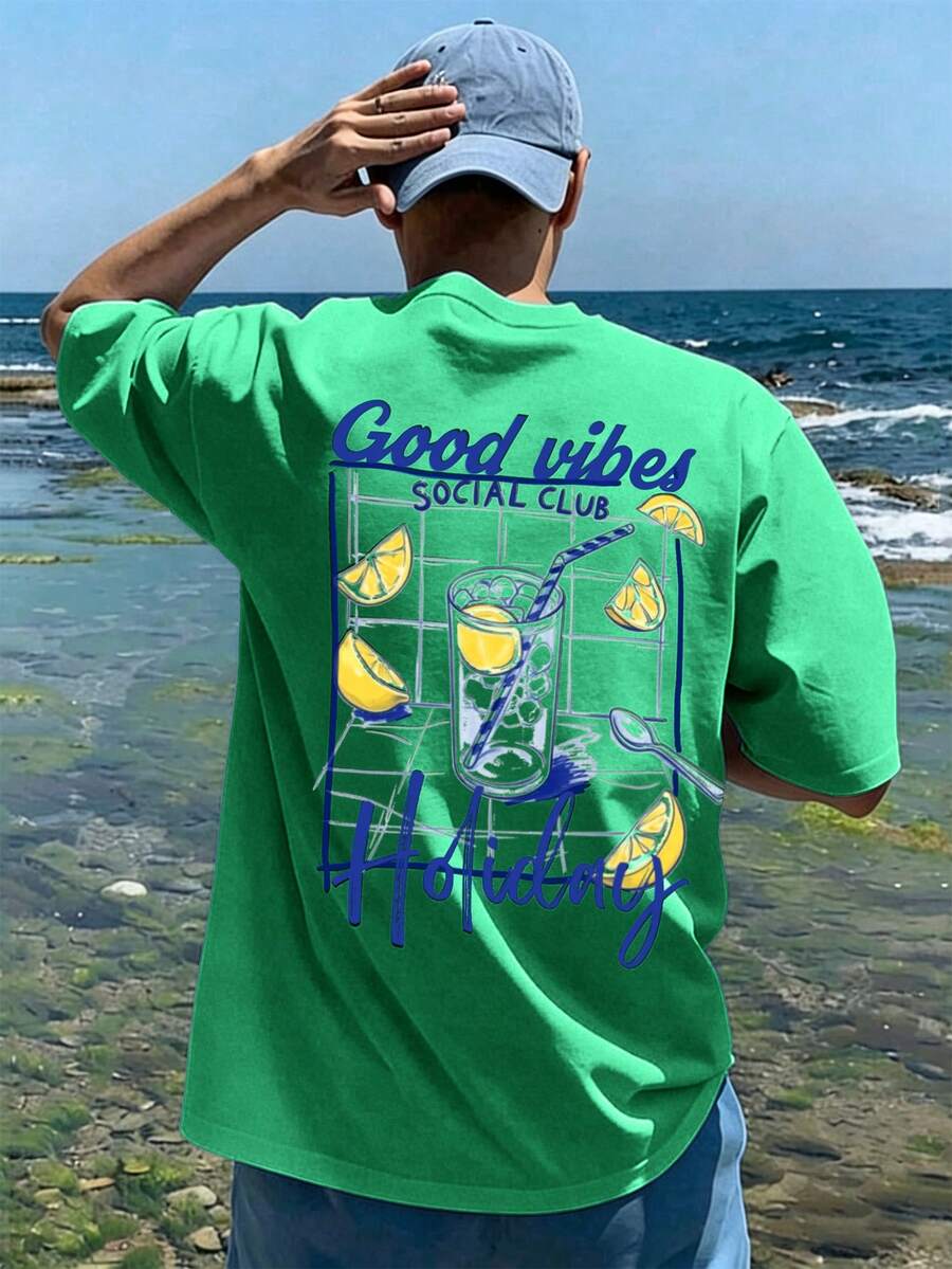 Manfinity Chillmode 「Good Vibes」休閒度假風男士短袖T恤!清新檸檬印花 + 隨性標語,藍綠清新配色 + 療癒印花,帶度假濾鏡的街頭穿搭 - 彩色 - 查看 1