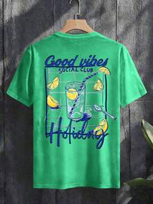 Manfinity Chillmode 「Good Vibes」休閒度假風男士短袖T恤！清新檸檬印花 + 隨性標語，藍綠清新配色 + 療癒印花，帶度假濾鏡的街頭穿搭 - 彩色 - 查看 2