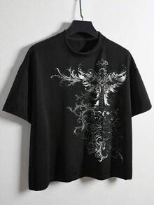 ROMWE MEN Street Life Men's Cross Print Crew Neck Casual Loose Short Sleeve T-Shirt - Black - View 4