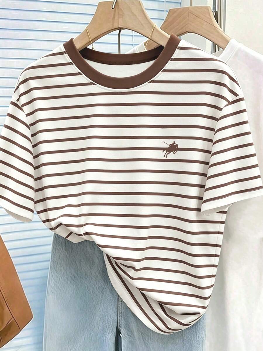 Lalippa Equestrian Striped Print Round Neck Short Sleeve T-Shirt For Women, Summer Fashion - Multicolor - View 1