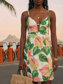 CAJUNI Women's Leaf Print Casual Tropical Vacation Daily Outing Beach Mini Strap Dress White Summer - Multicolor - View 6