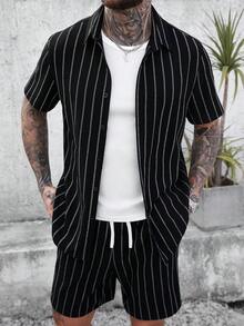 Manfinity CasualCool 加大码男士提花条纹短袖衬衫和短裤套装 - 黑色 - 查看 7