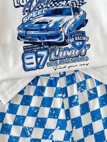 Young Boy Casual Simple T-Shirt Set, Classic Retro Racing Pattern Print, Handsome Retro Racing Checkered Flag Pattern Print, Suitable For Spring And Summer, Suitable For Sports - Multicolor - View 5