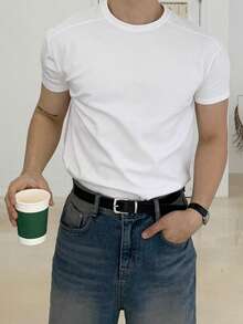 DAZY Men's Solid White Slightly Loose Short Sleeve T-Shirt, Summer - White - View 6