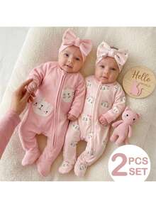 SHEIN Newborn Baby Girl Cartoon Pattern Long Sleeve Loungewear Romper 2pcs Set - Pink - View 9
