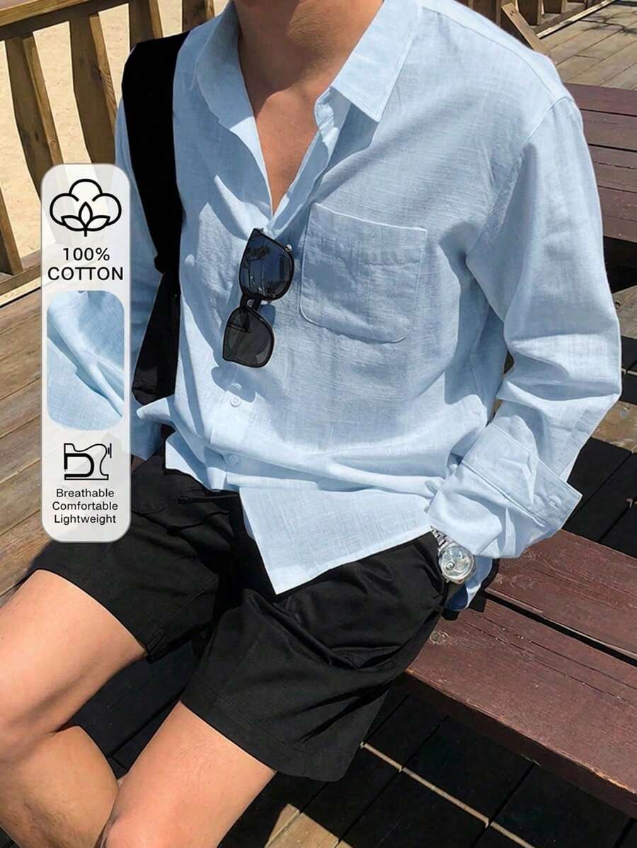 DAZY 男士長袖素色寬鬆版型襯衫 夏季 - 藍色 - 查看 1