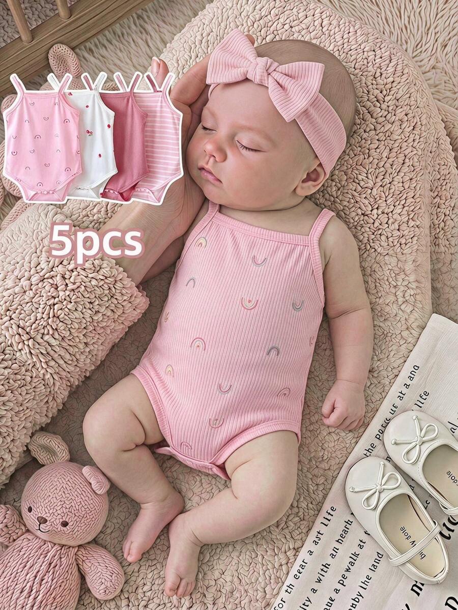 SHEIN Playful Pals 5件組女嬰幼童0-3歲休閒日常百搭萬用連身衣套裝,多色水果、彩虹、花卉、條紋羅紋針織連身衣套組 - 粉色 - 查看 1