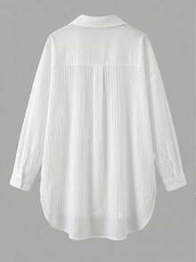 SHEIN Essnce 大尺碼女款春夏/秋冬時尚休閒寬鬆舒適日常基礎百搭顯瘦紋理布料白色鈕扣長袖襯衫，超寬鬆上衣，極簡風，基礎襯衫 - 白色 - 查看 2